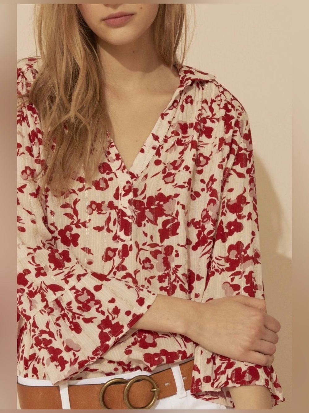 Ba&sh Eddy floral ecru red metallic collared women’s top blouse s small